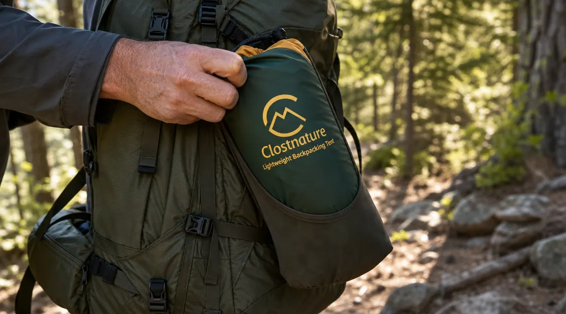 Close-up of a hand pulling a lightweight tent stuff sack out of a loaded backpack