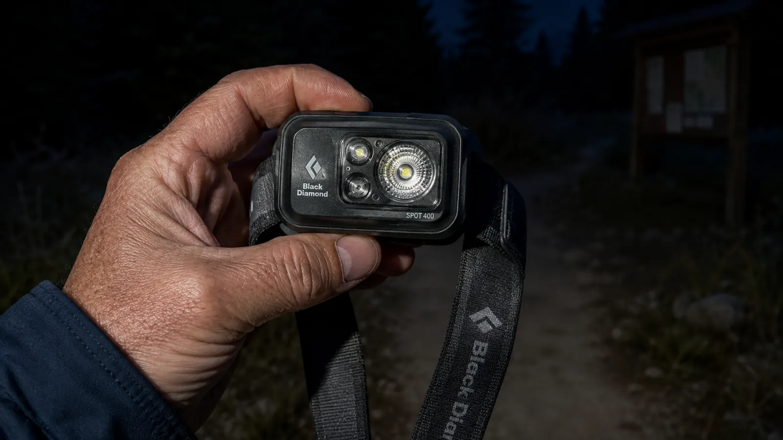 Hiker holding a Black Diamond Spot 400 headlamp, examining it in hand at a trailhead