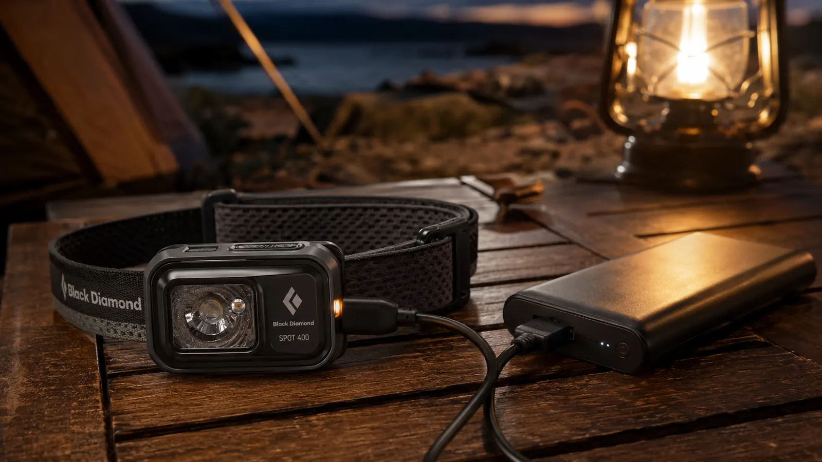Headlamp sitting on a camp table next to an open laptop and USB-C cable, showing the charging process