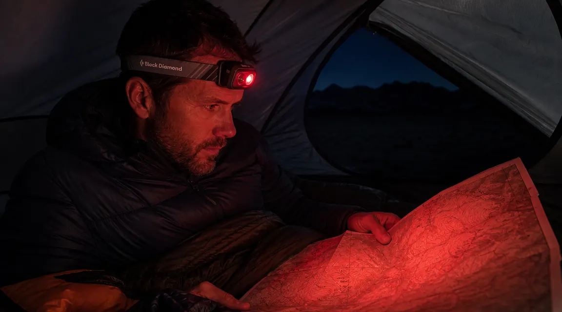 Person reading a topo map inside a tent using a headlamp on red night-vision mode, warm amber glow through tent walls
