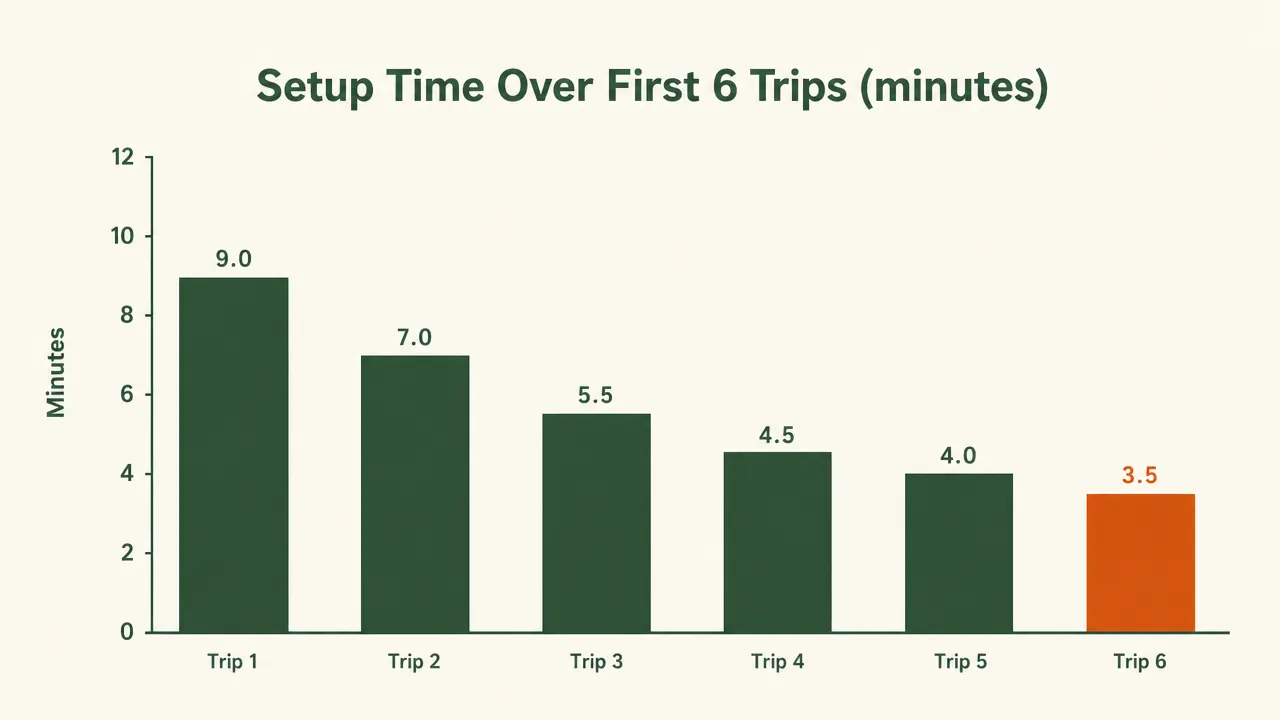 Chart showing Clostnature tent setup time improving from 9 minutes on trip 1 to under 4 minutes by trip 6