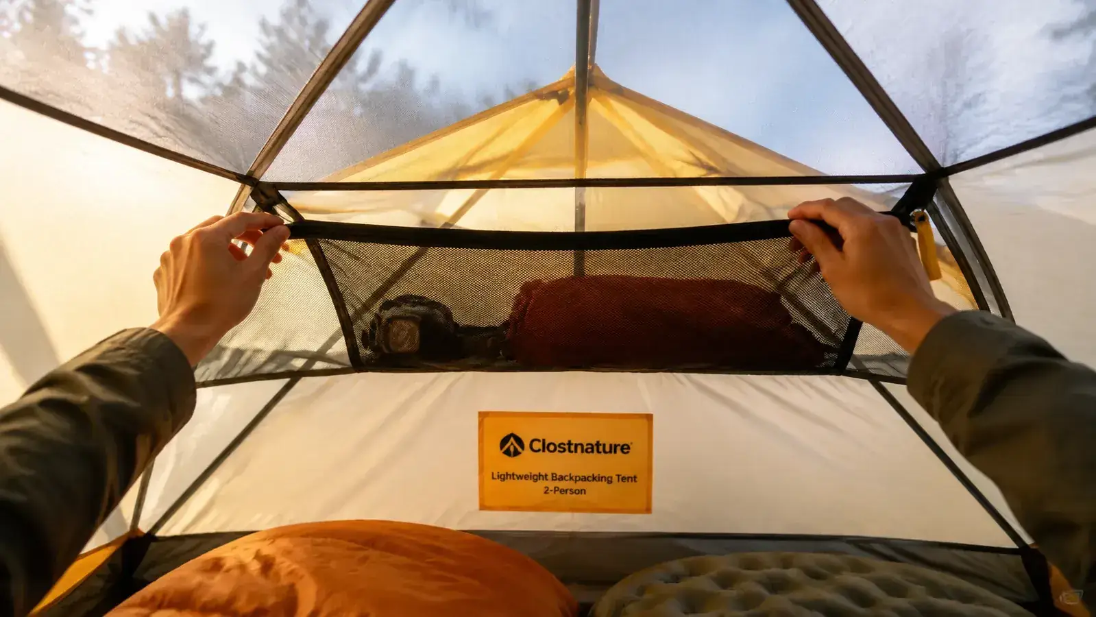 Inside view of the Clostnature tent showing interior space, mesh ceiling pocket, and dual vestibule zipper