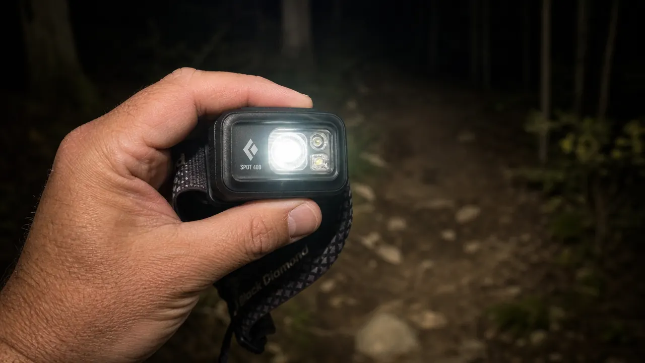 Black Diamond Spot 400 headlamp held in hand showing the USB-C charging port and brightness dial