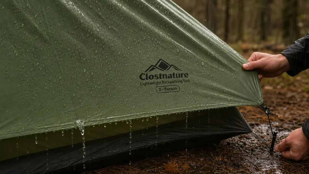 Close-up of a Clostnature tent rain fly with water droplets beading and running off the coated fabric