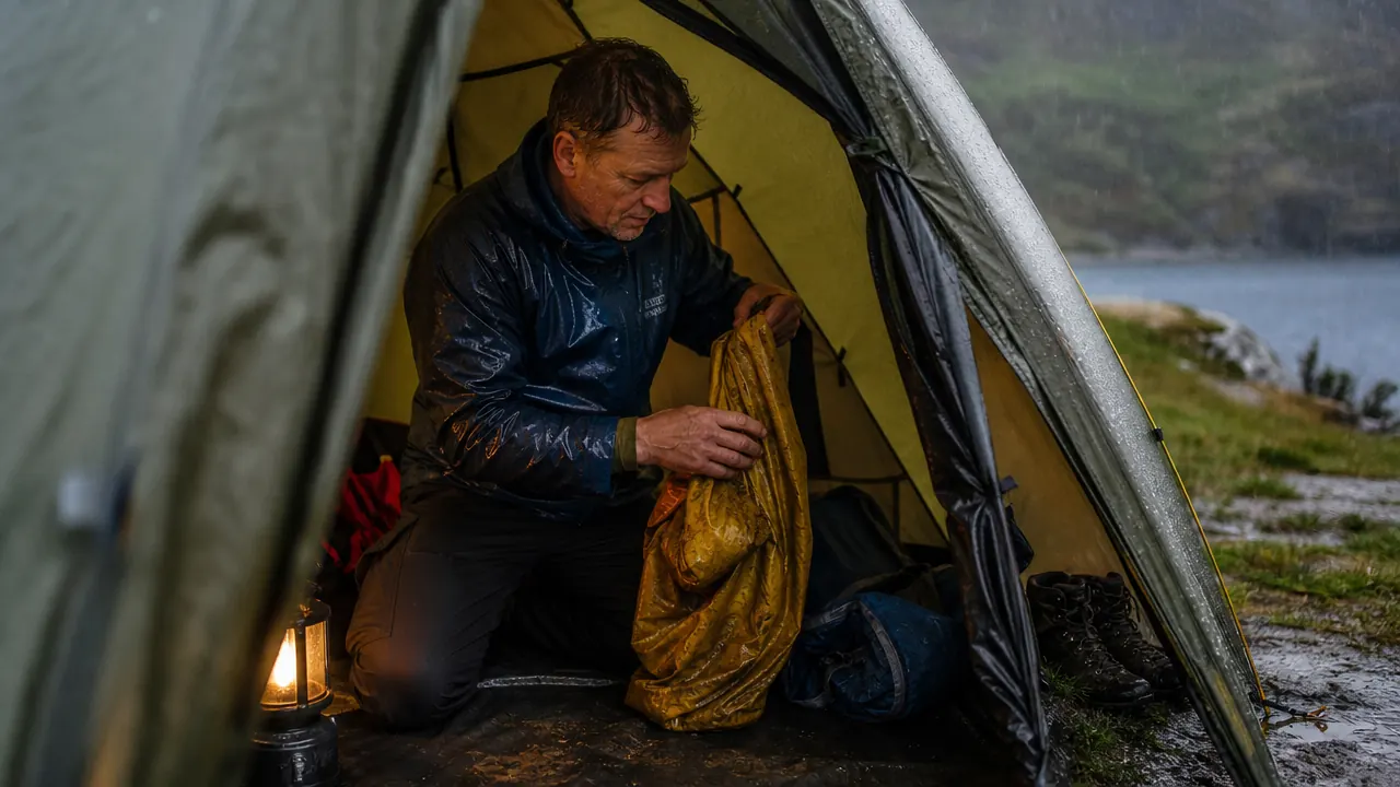Hiker in rain gear packing dry bags and waterproof stuff sacks into a backpack before a rain storm rolls in