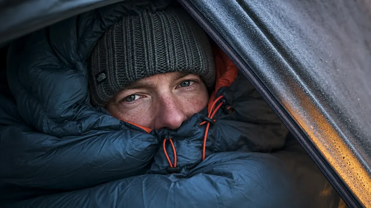 Hot water bottle wrapped in a fleece sock placed inside the foot of a sleeping bag