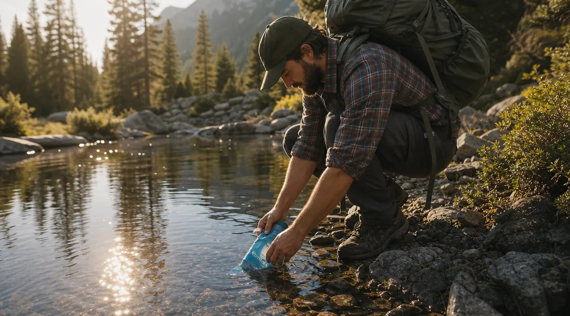 Backpacker filling a water bottle from a backcountry stream using a portable filter, mountains visible in distance