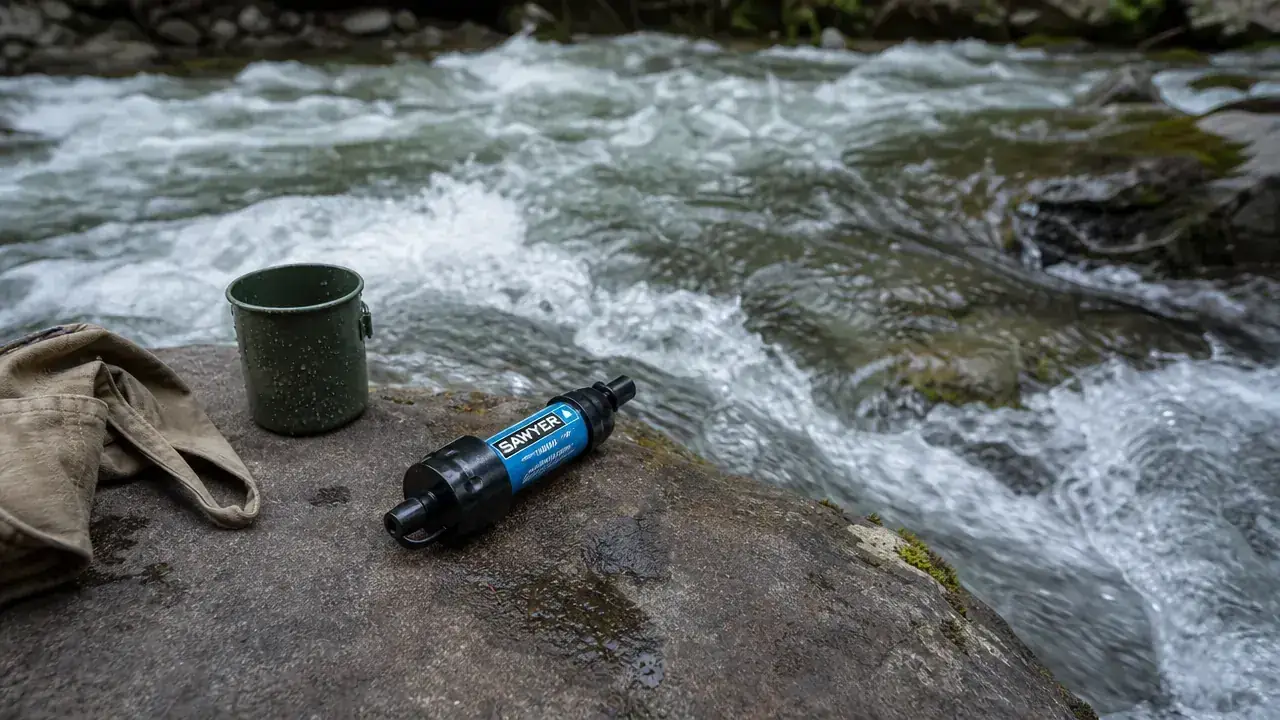 Hiker smiling and drinking directly from a mountain stream using a LifeStraw filter, forest and mossy rocks in background