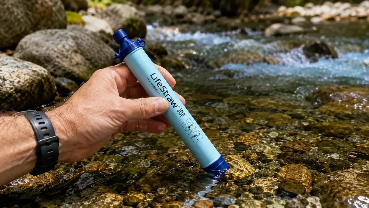 Close-up of a hand holding a LifeStraw personal water filter above a stream, water droplets visible on the blue filter tube