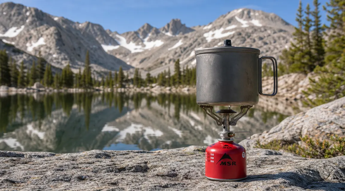 MSR PocketRocket 2 stove mounted on a fuel canister next to a separate lightweight titanium pot and a BIC lighter, all laid out on a granite slab