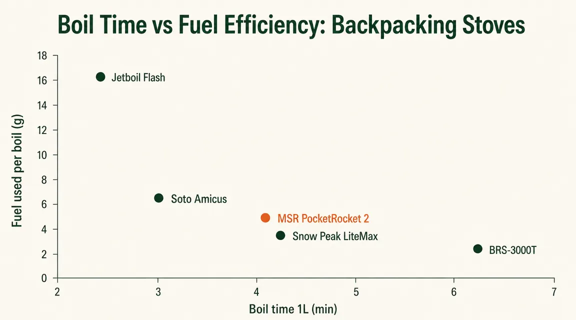 Comparison chart showing total system weight and setup cost for MSR PocketRocket 2 with pot versus Jetboil Flash integrated system
