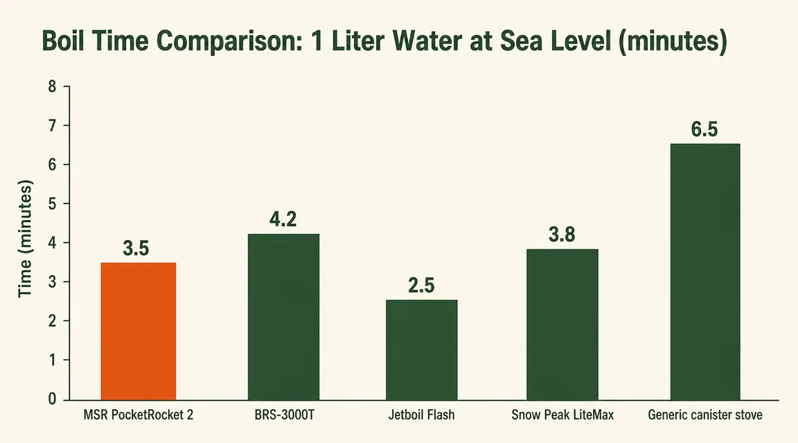 Chart showing water boil times in minutes for the MSR PocketRocket 2 across calm, moderate wind, and gusty conditions