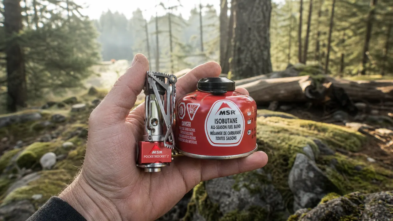 Hand holding the MSR PocketRocket 2 stove with a titanium pot on top, blue flame visible, blurred forest background