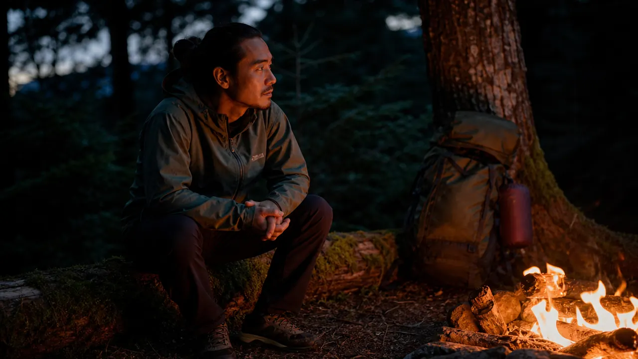 A camper sitting beside a campfire holding a mug, gear visible in the background including a sleeping bag stuffed and clipped to a pack