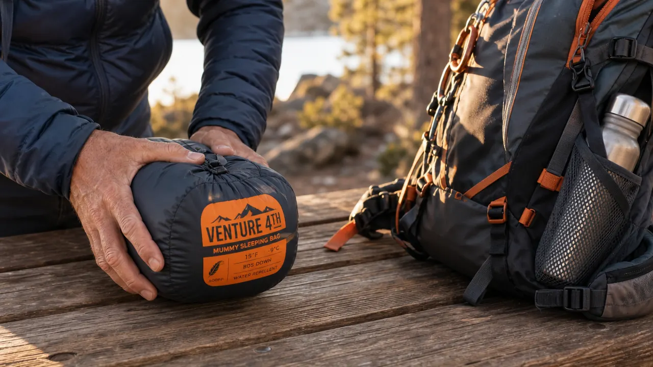 Hands pulling a compression stuff sack closed over a mummy sleeping bag next to a loaded backpack