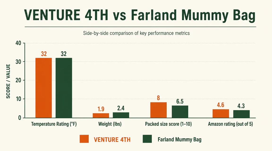 Comparison chart showing temperature rating, weight, and packed size for VENTURE 4TH vs FARLAND sleeping bags